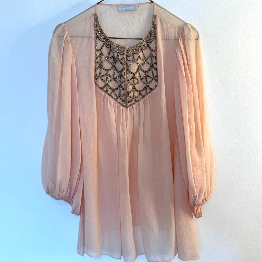 Badgley Mischka Pink Embellished Beaded Chiffon Tunic Blouse Size S Romantic